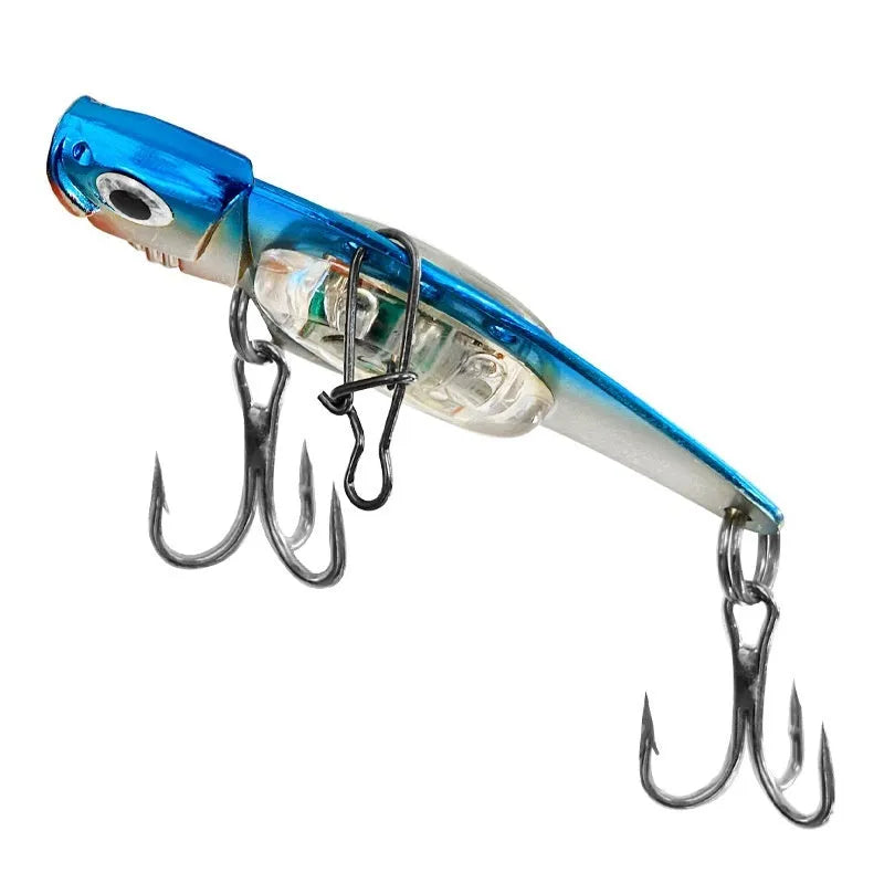Electronic fishing lure with luminous metal vib body in blue and red colour options