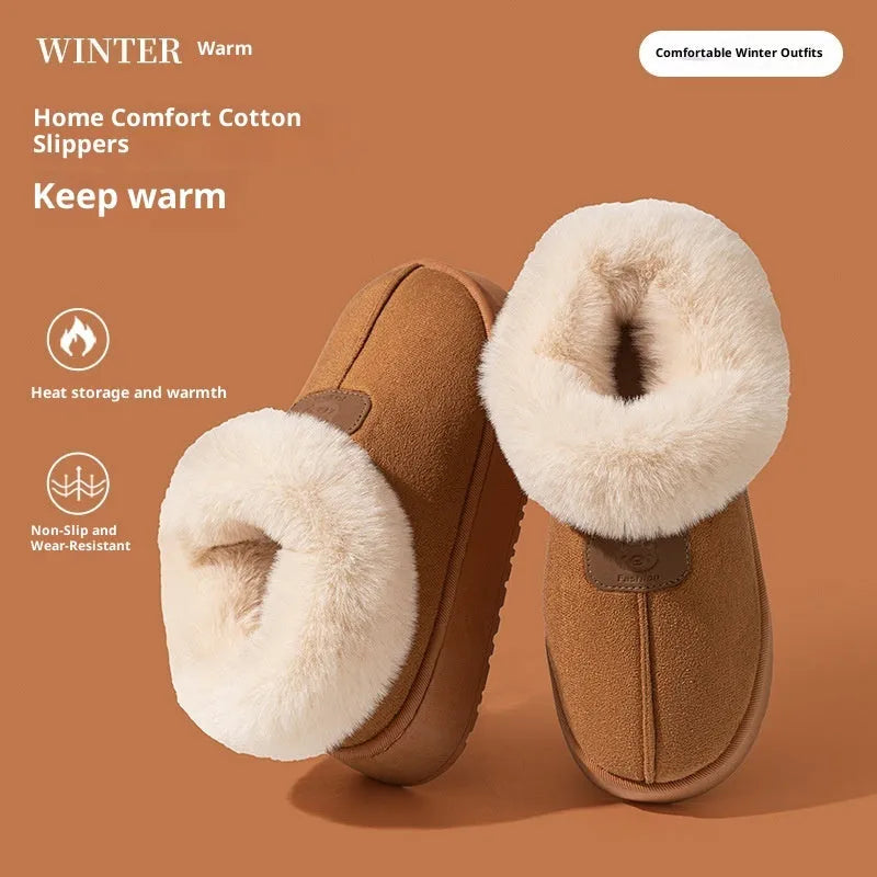 Women's solid colour suede slippers with bear logo heel cover, round head shape, casual style