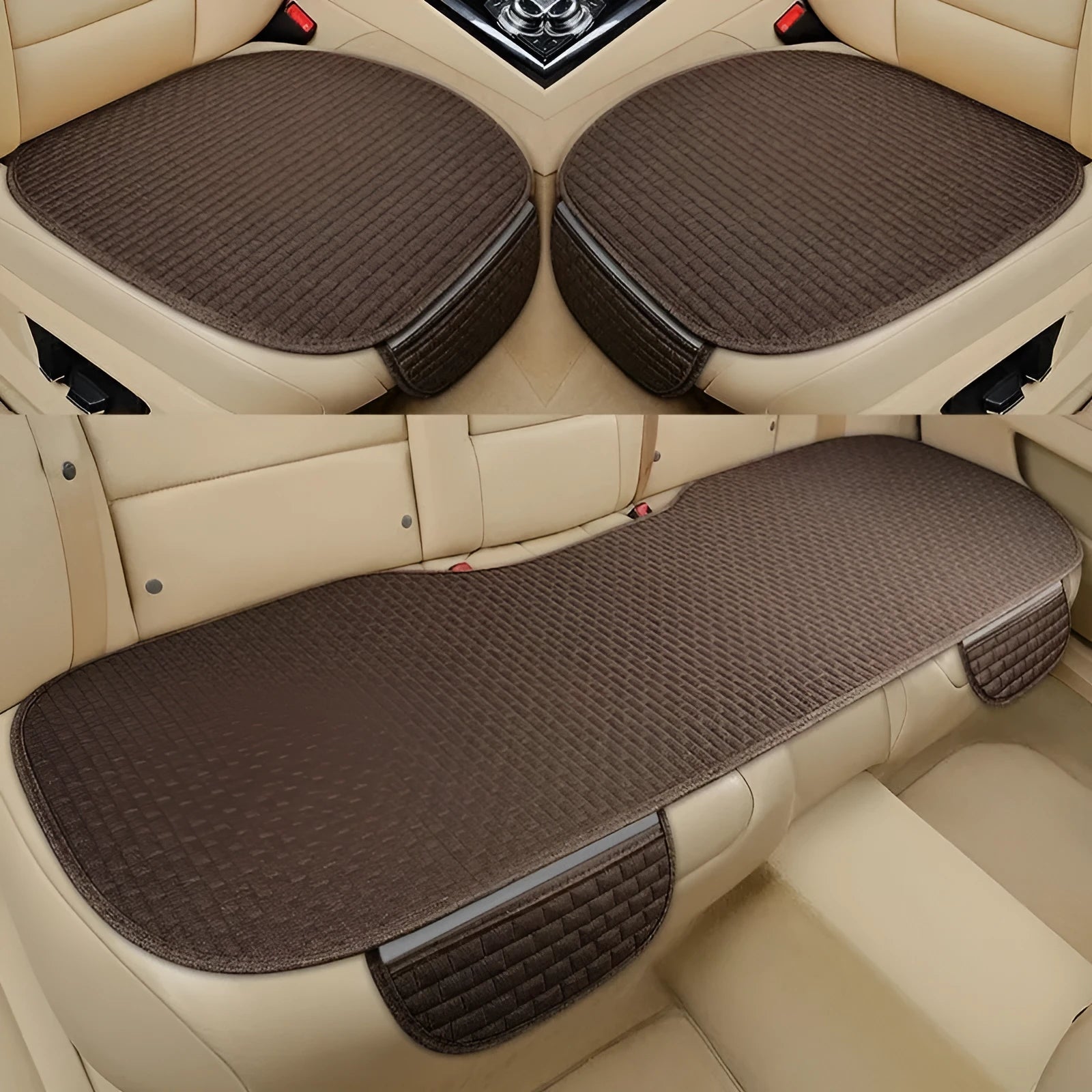 Linen car seat cushion with plaid pattern and hemmed edges in classic black and red colour