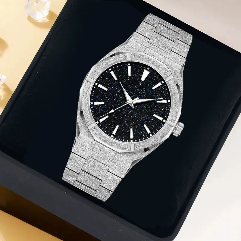 Business men's watch with frosted stainless steel case and luminous hands in silver, gold, and black colour options