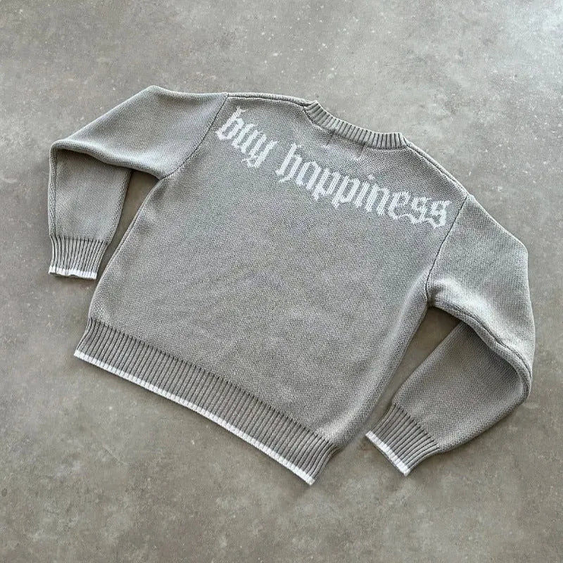 Grey jacquard pattern loose-fitting knitwear coat with long sleeves