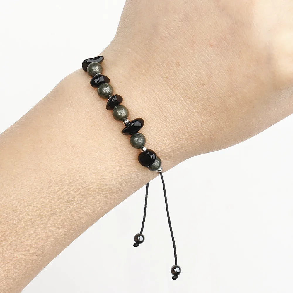 Black geometric garnet stone bracelet with a moon charm for unisex wear
