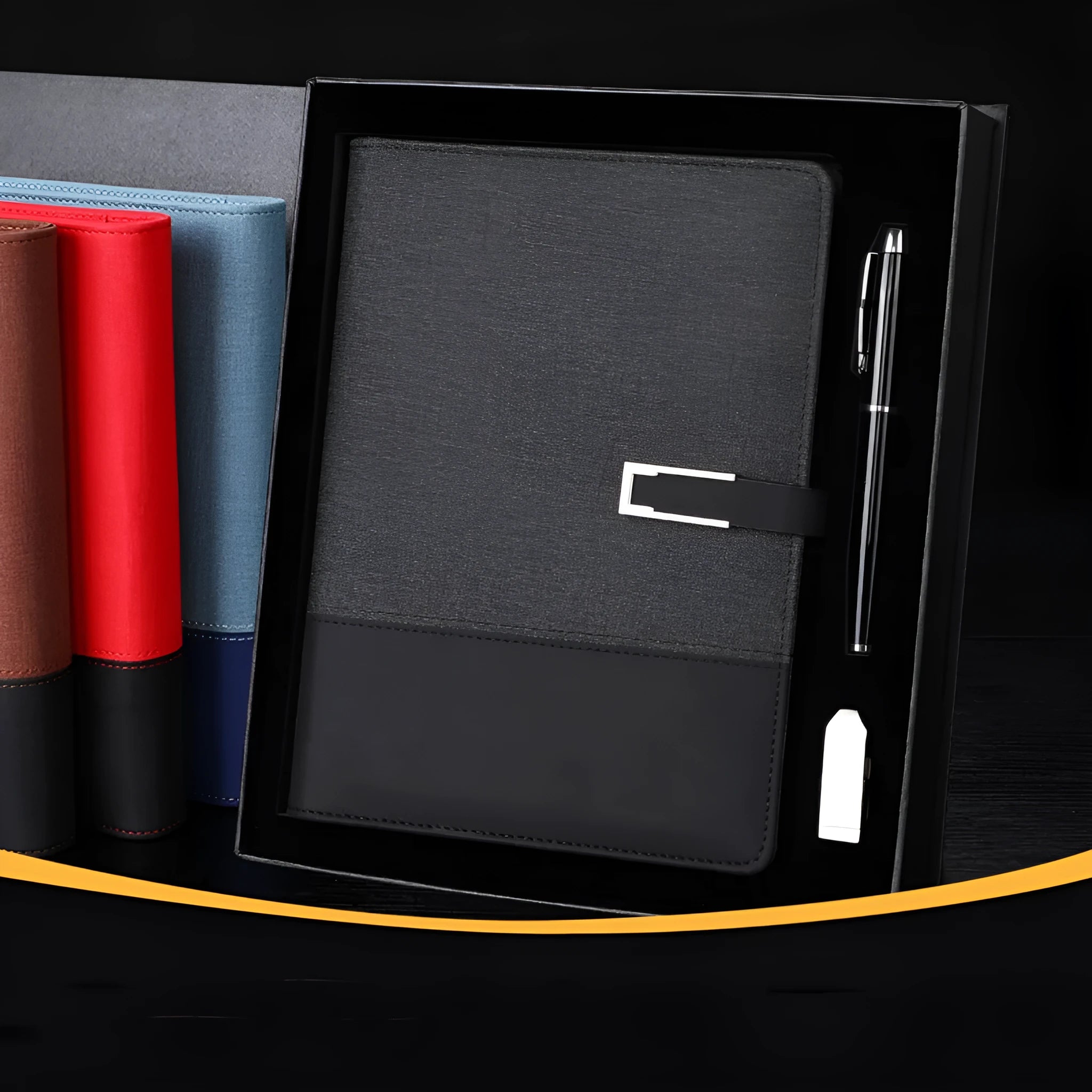 A5 soft PU leather notebook in brown, black, green, blue, or red, showing wood-free paper inside.