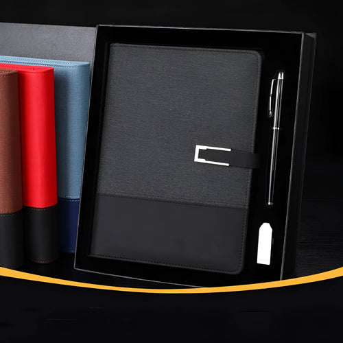 A5 soft PU leather notebook in brown, black, green, blue, or red, showing wood-free paper inside.