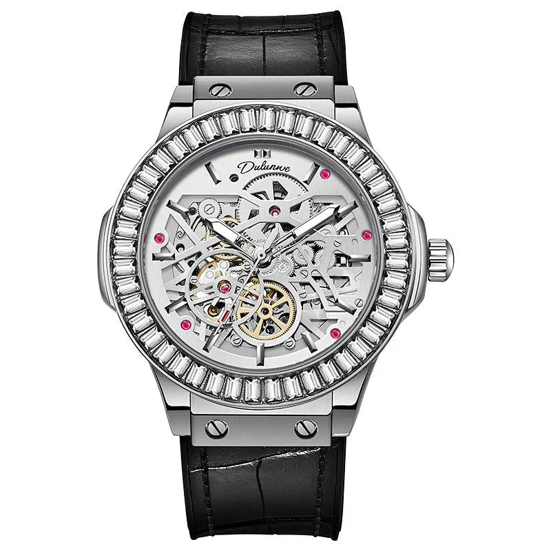 Automatic men's watch with skeleton diamond movement and white case, shown on wrist.