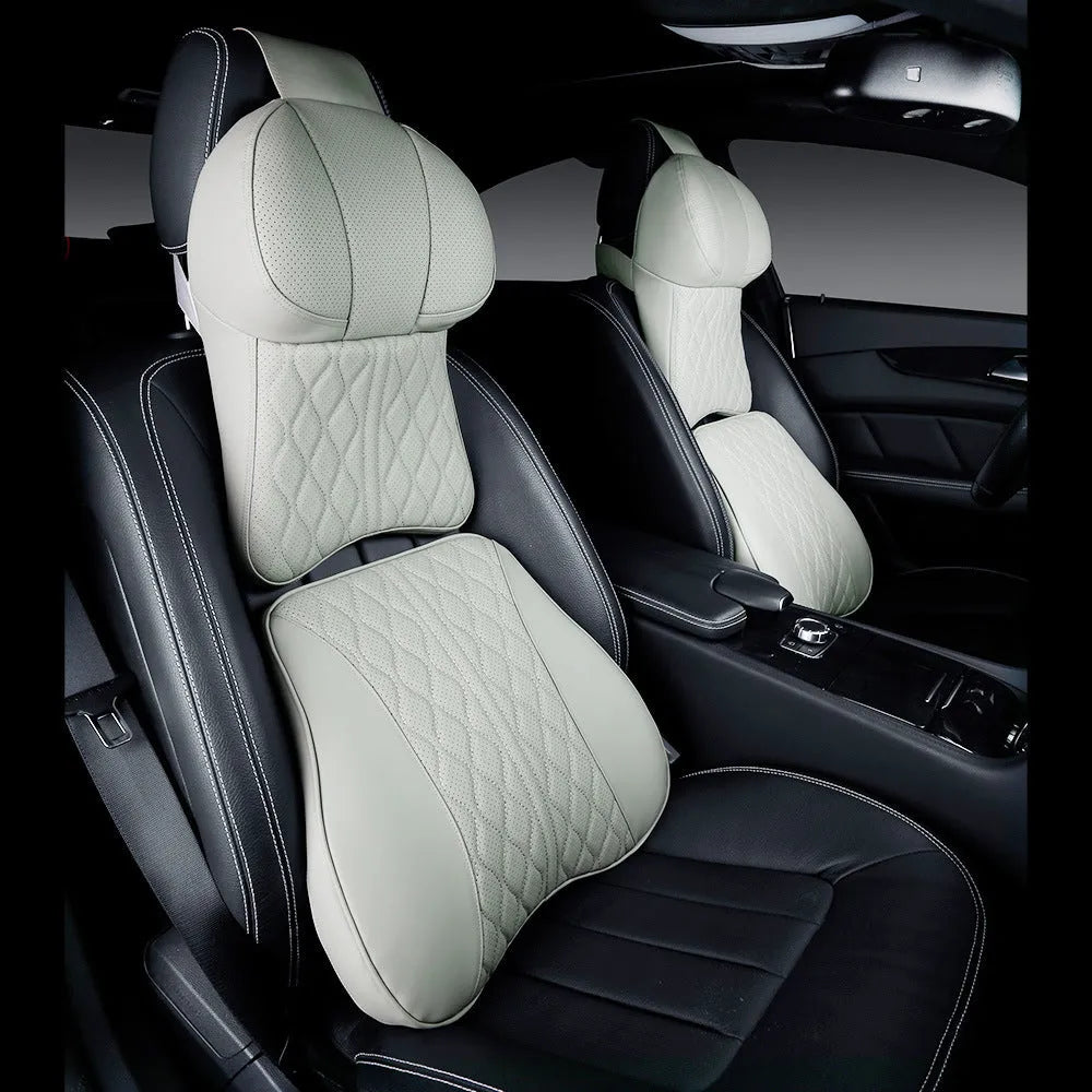 Car neck pillow and lumbar support pillow set with wavy pattern embroidery in beige colour.
