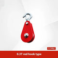 Forged steel industrial lifting pulley with safety latch in red or galvanised finish.