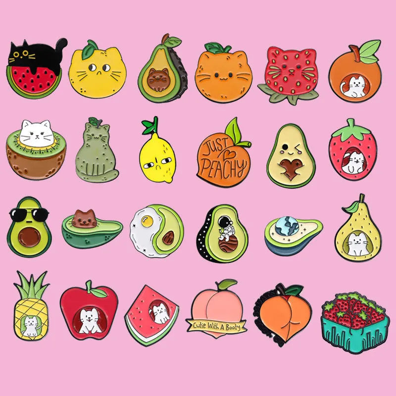 Colourful cartoon-style fruit and letter design zinc alloy brooch with pin back.