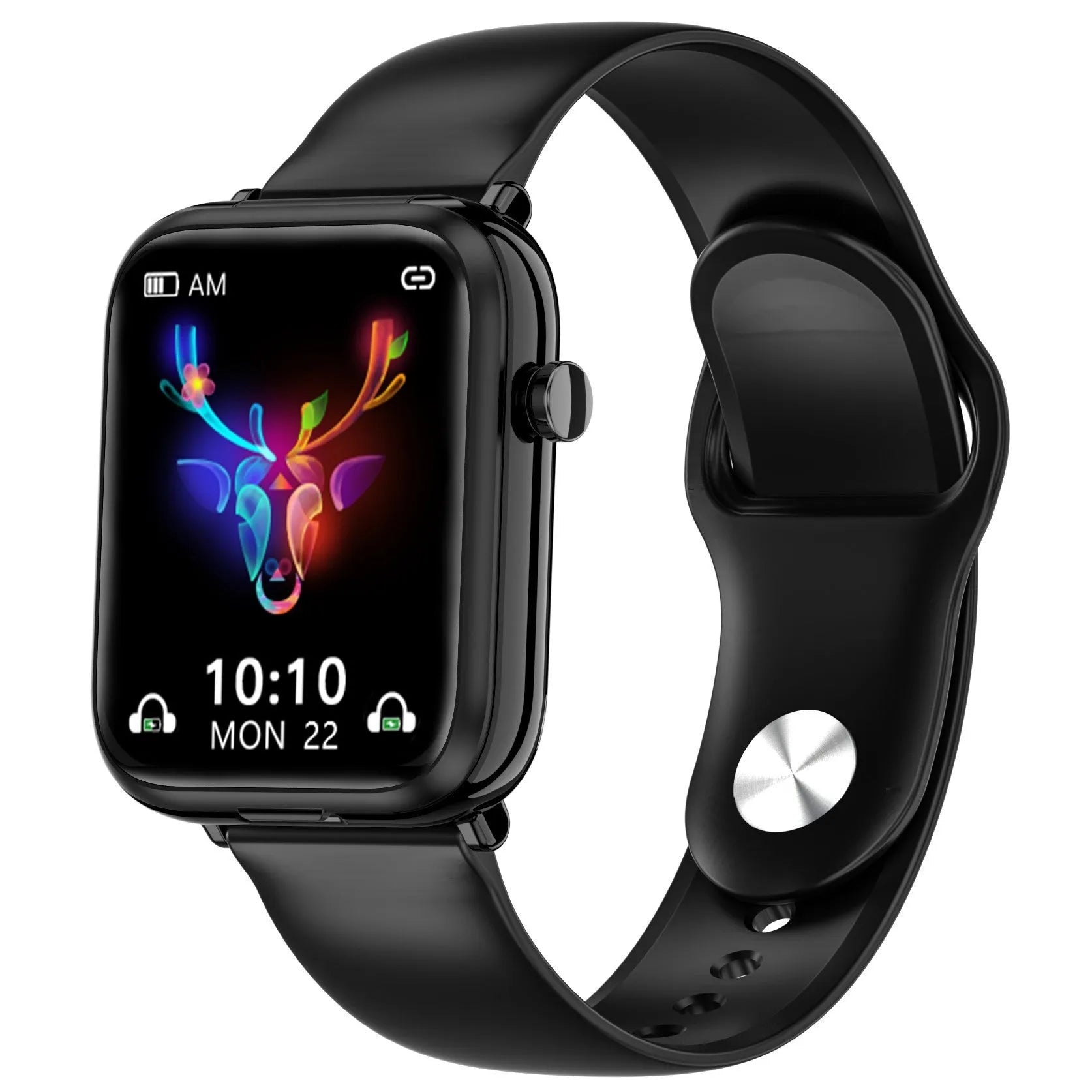 Black smartwatch with 1.69 inch screen and TWS wireless earbuds in charging case