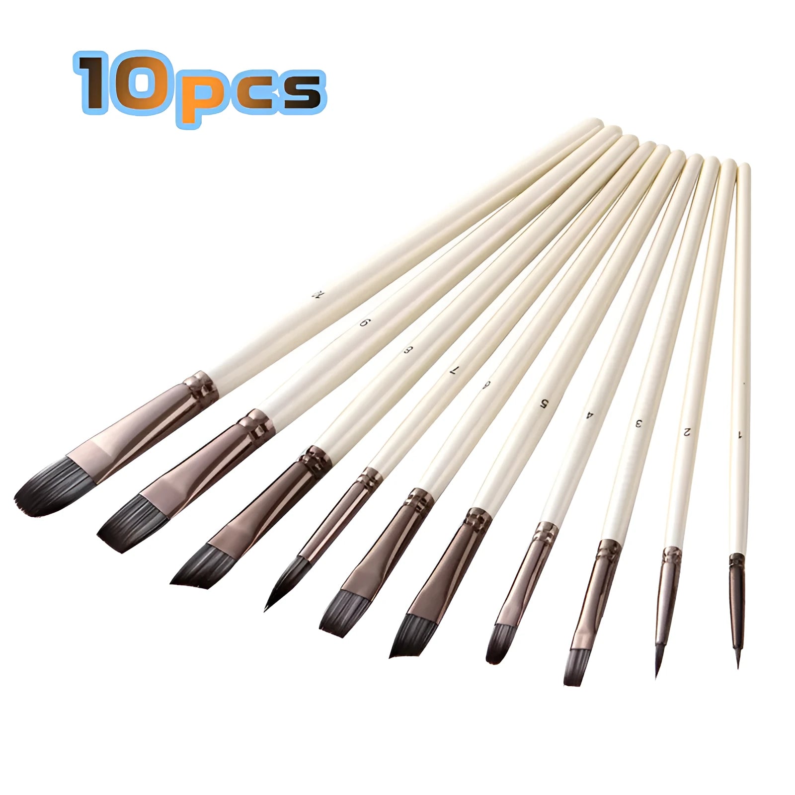 Set of 10 pearlescent white nylon watercolour brushes with wooden handles in PVC bag
