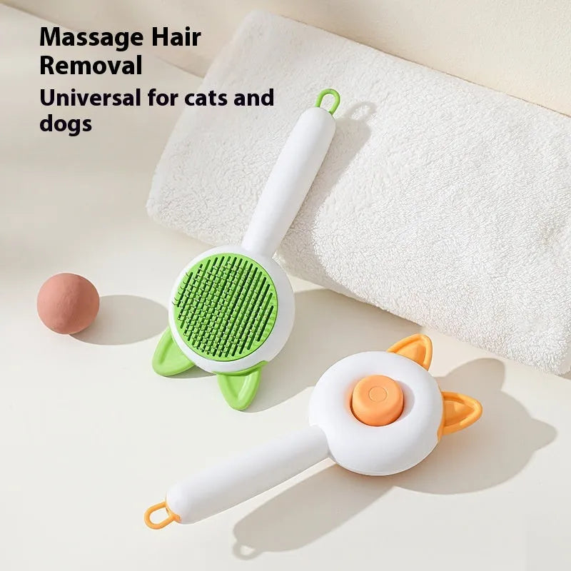 Self-cleaning cat grooming comb with stainless steel teeth in greenish white colour option