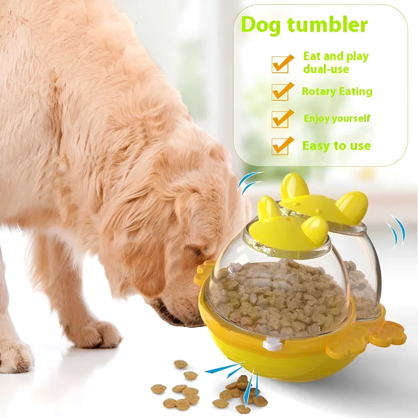Yellow TPR dog puzzle feeder tumbler toy with non-slip base for slow feeding and mental stimulation