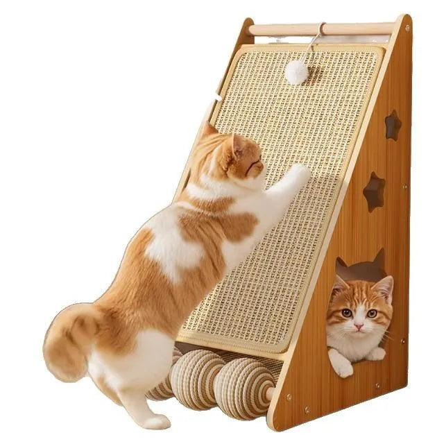 Vertical sisal cat scratch board with attached ball toy on hemp rope mounted on a wall.