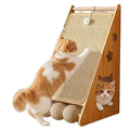 Vertical sisal cat scratch board with attached ball toy on hemp rope mounted on a wall.