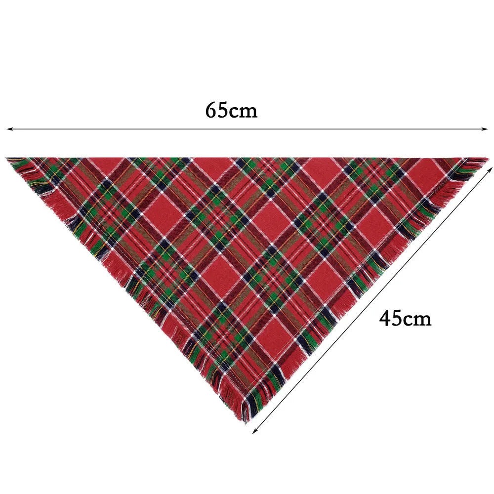 Plaid pattern dog bandana with tassels in autumn colours on pet collar