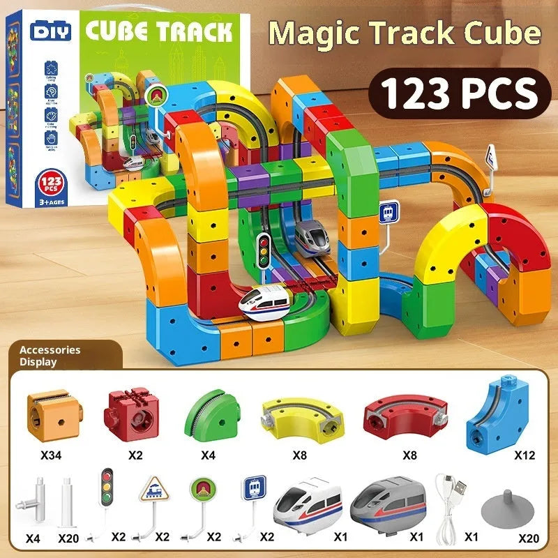 Small train track cube electric assembled building block toy set for children aged 4-6, non-magnetic plastic blocks, 51 piece option