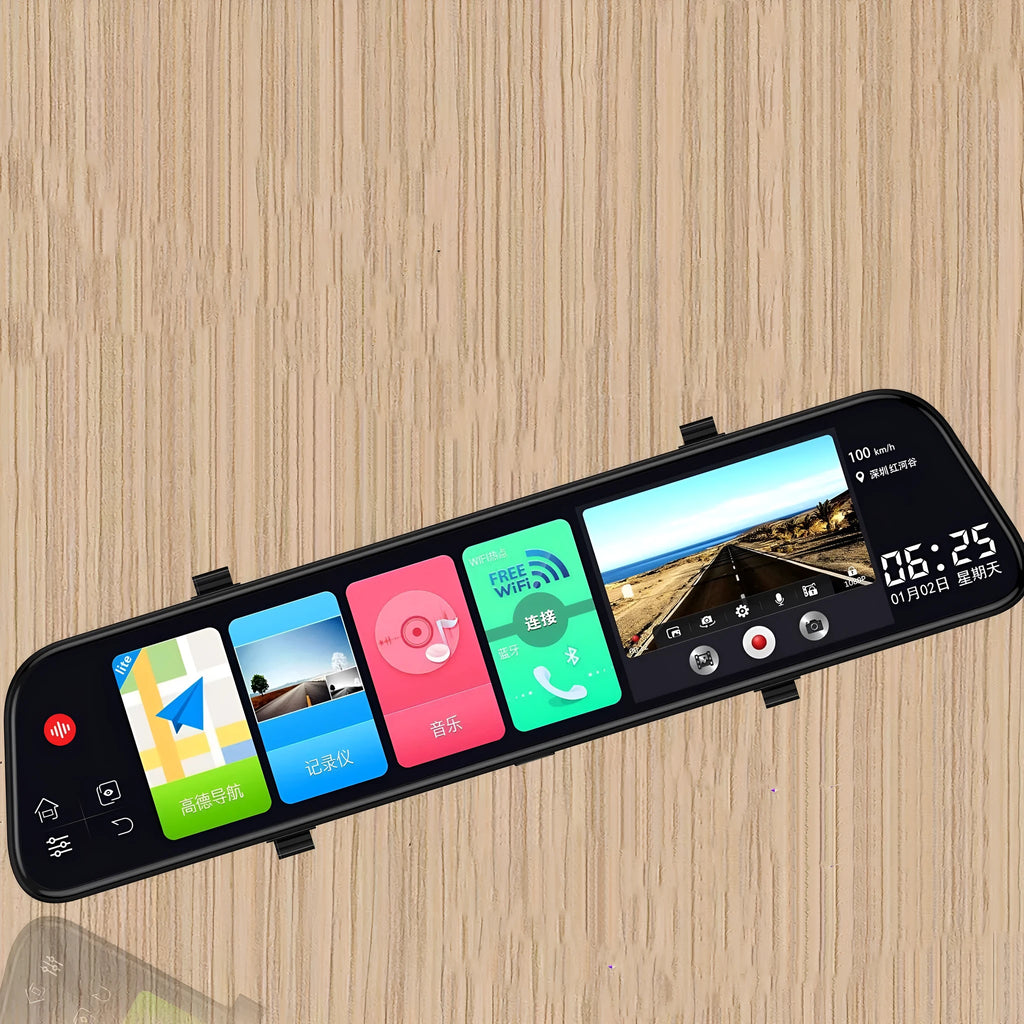 12-inch rearview mirror tachograph dash cam with dual lenses mounted in a car