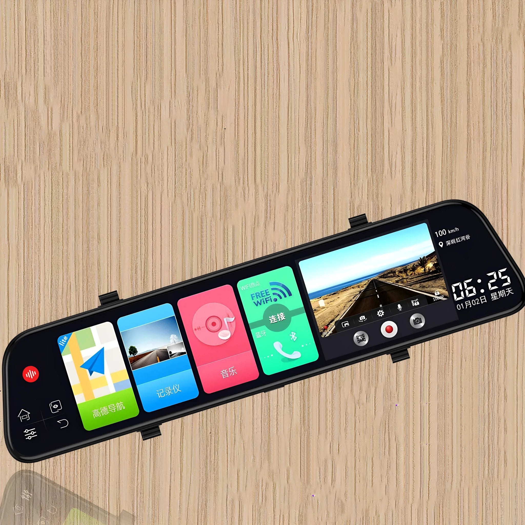 12-inch rearview mirror tachograph dash cam with dual lenses mounted in a car