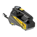 Black portable digital tyre inflator with LED light and display, connected to a car tyre valve.