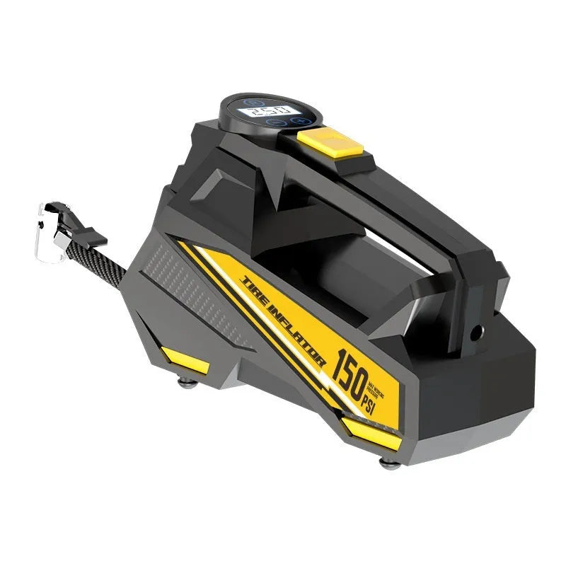 Black portable digital tyre inflator with LED light and display, connected to a car tyre valve.