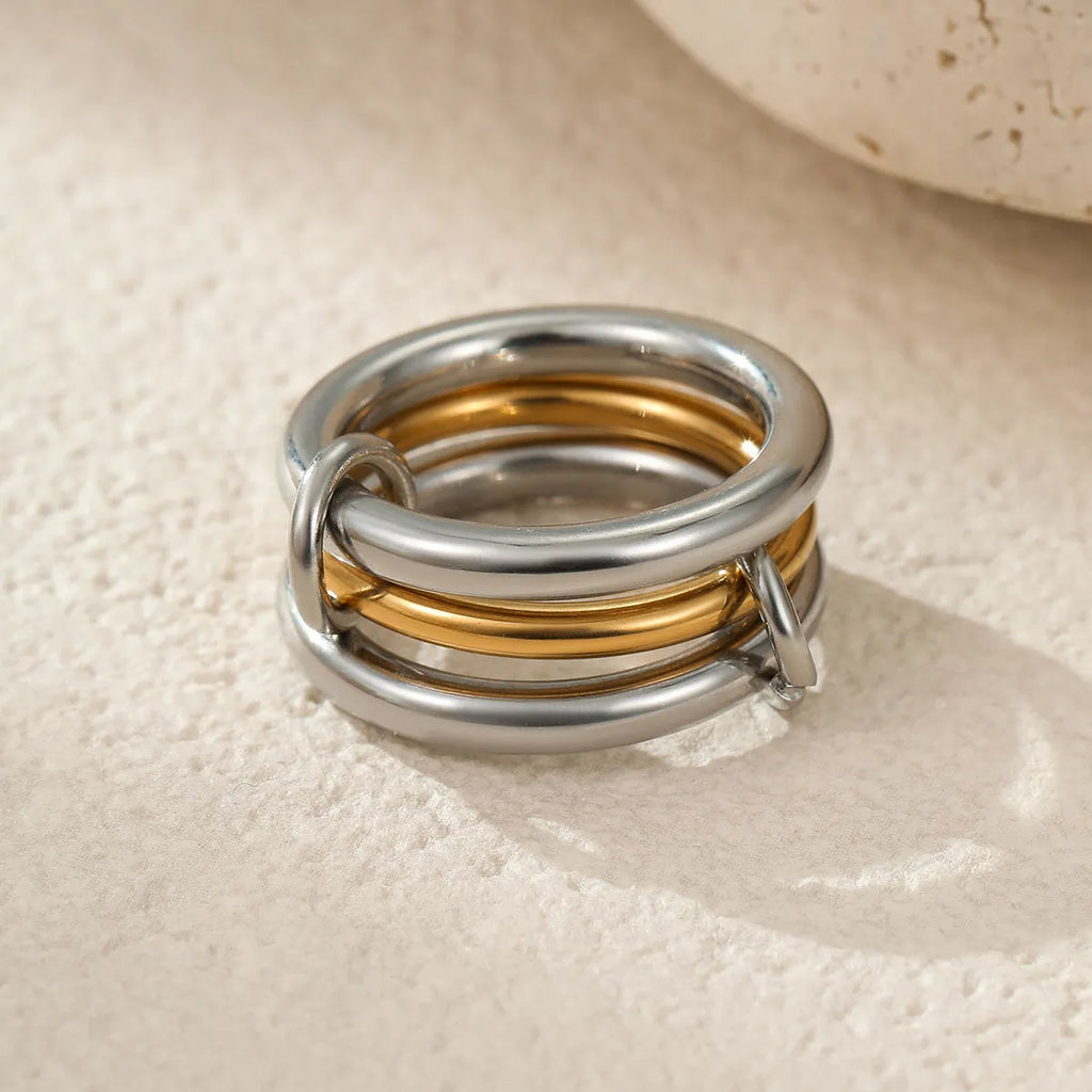 Gold plated stainless steel stackable ring set in three colour options for women