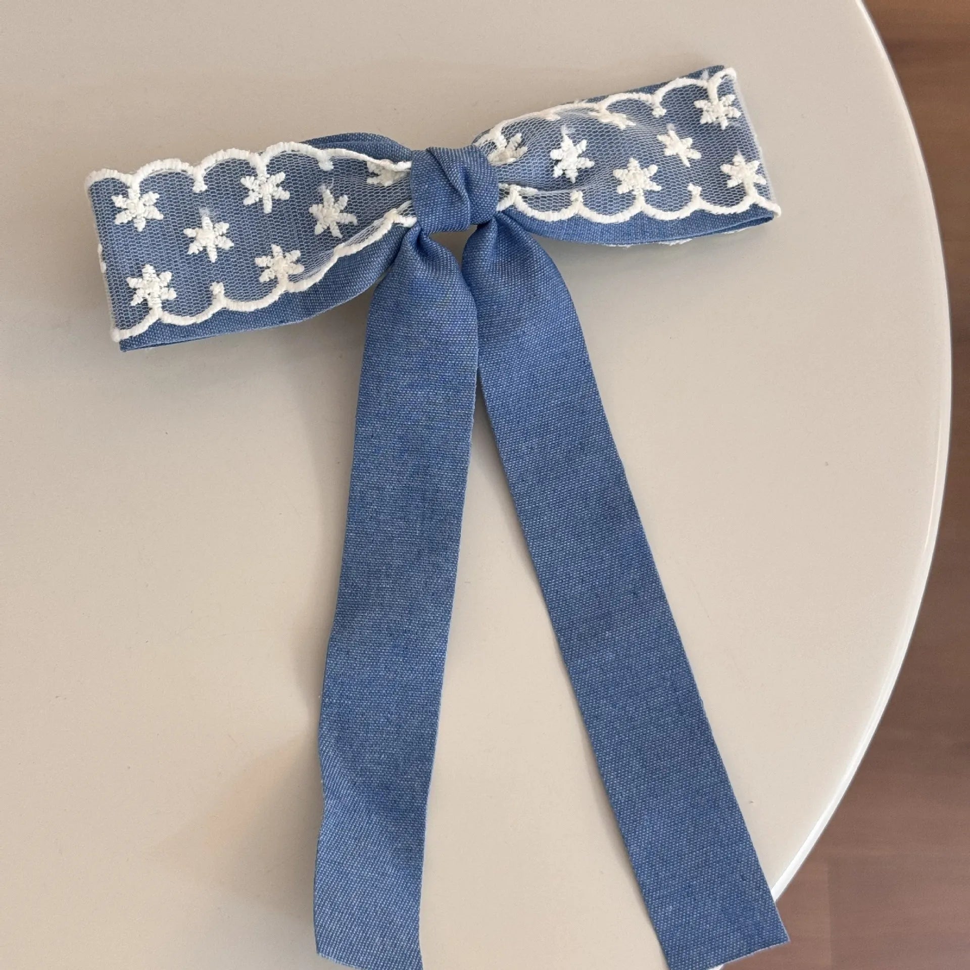 Hand-made pastoral cloth barrettes with beige lace and blue bow designs for women's hair
