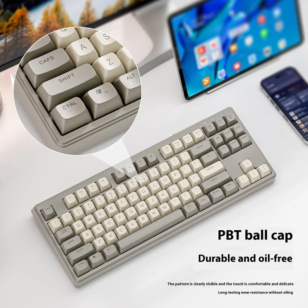 Free Wolf M87 wireless Bluetooth dual-mode keyboard in blueberry, cheese, coffee, and shimmer colour options