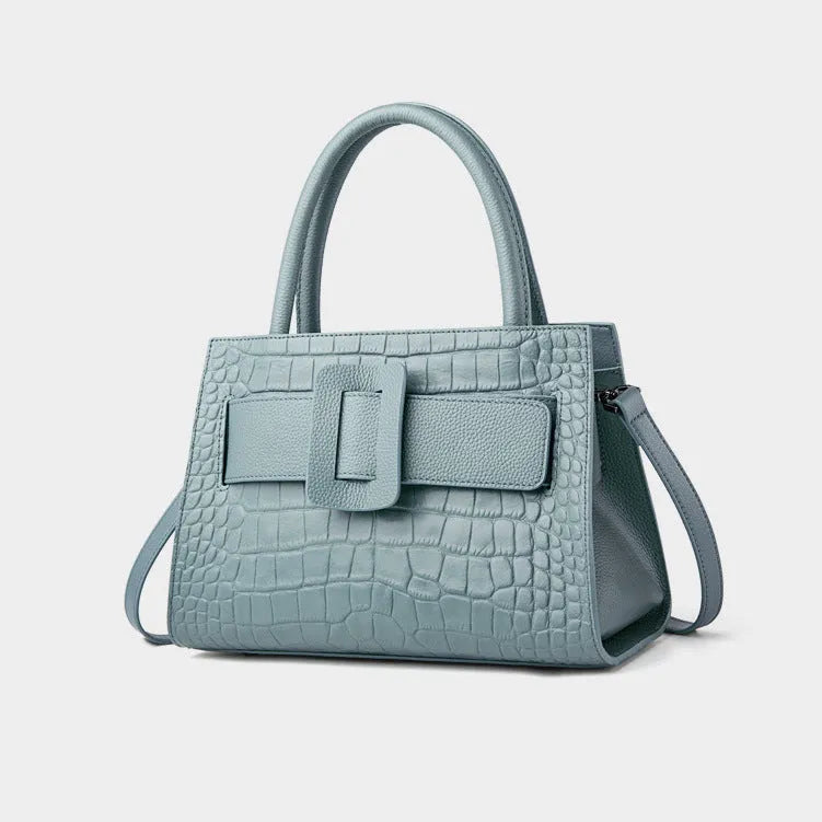 Women's genuine leather crossbody bag with crocodile pattern, double shoulder straps, available in Cloudy Blue