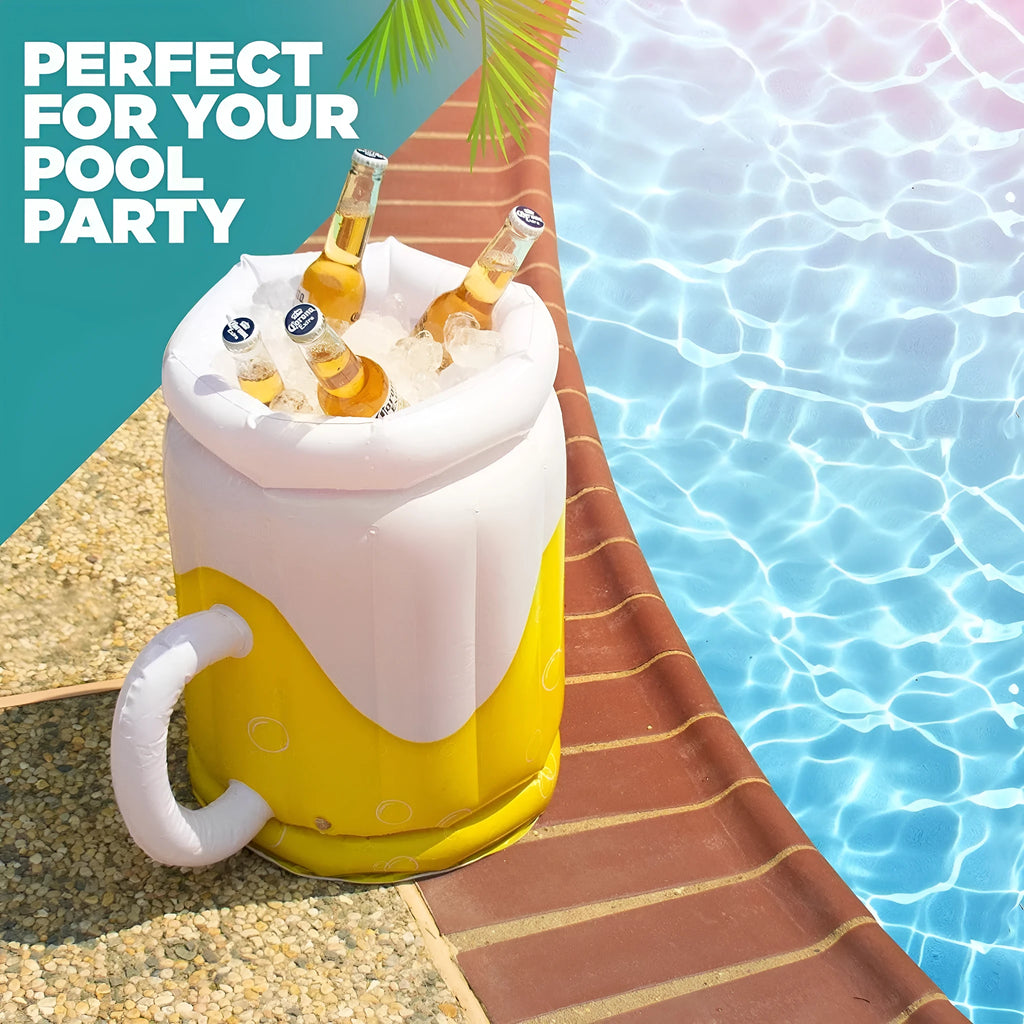 Large yellow inflatable beer mug cooler pool float with 44cm height and 32cm diameter dimensions
