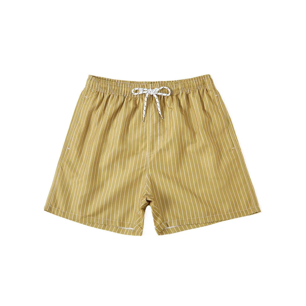 Polyester fibre striped beach shorts with triangle lining in navy blue, straight leg opening