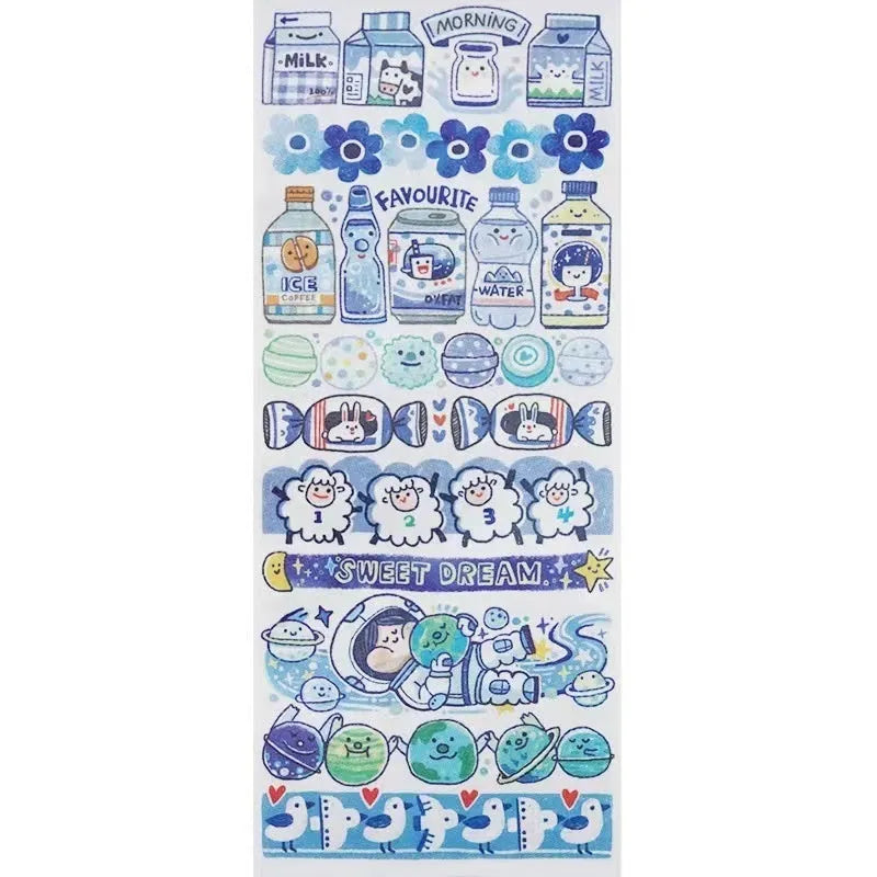 Sheet of cute cartoon character stickers for haemorrhoid tape packaging on Japanese paper.
