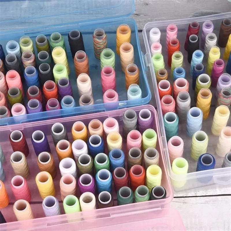 Transparent plastic embroidery storage box with 42 compartments showing thread organisation