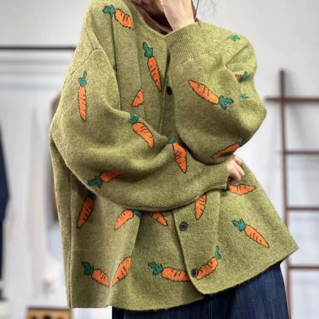 Mori artistic printing cardigan sweater with colour contrast design, loose casual street fashion style