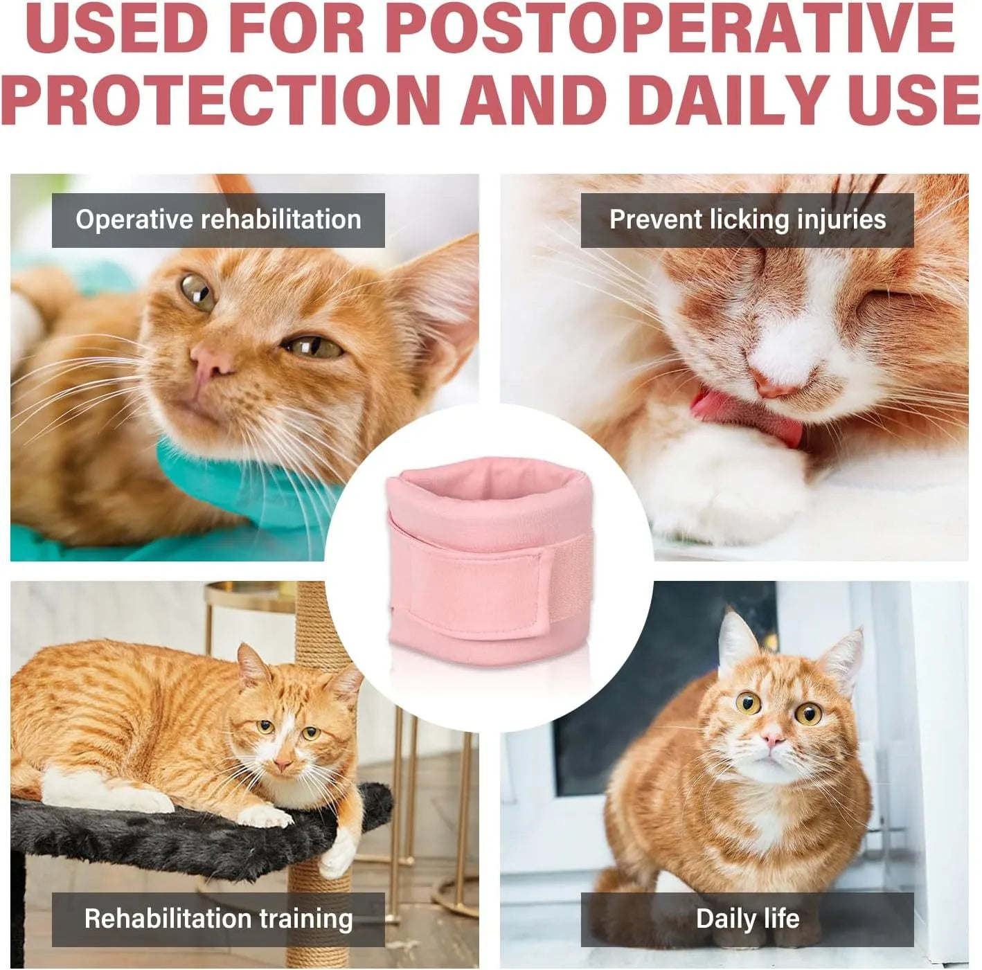 Soft grey and pink cat recovery cone collar showing four size options for post-surgery support