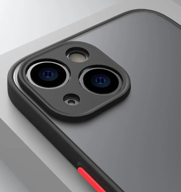 Black frosted hard protective iPhone case with fine hole skin-sensing design on a dark background.