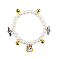 Halloween cat collar with simulated pearl necklace decoration showing pumpkin designs including purple ghost, skull, and smiling pumpkin patterns