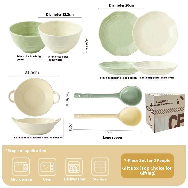 Seven-piece ceramic tableware set in solid colours with modern minimalist design