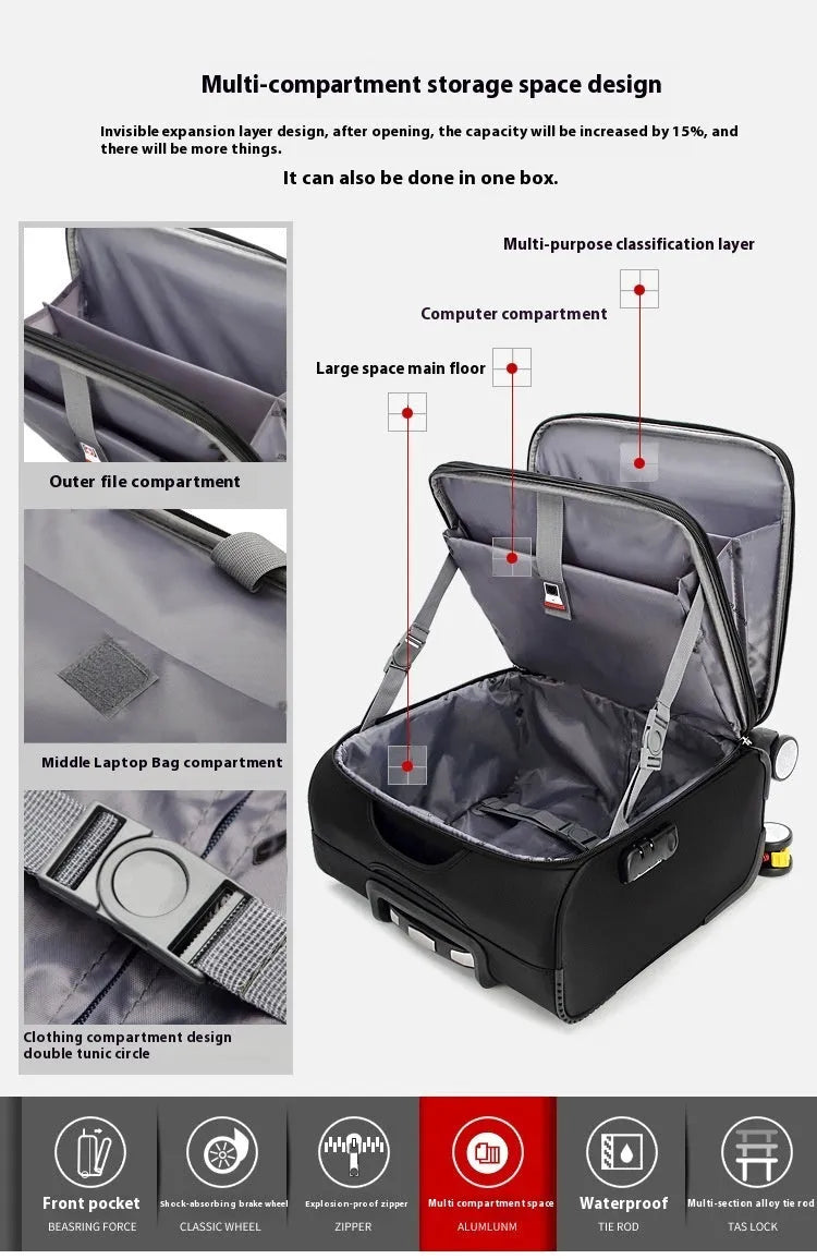 Black 18 inch Oxford cloth business suitcase with telescopic handle and wheels.