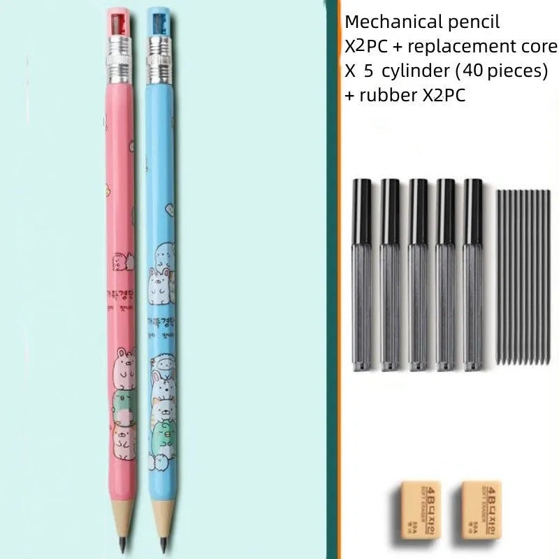 Children's mechanical pencil sets in cartoon colours with 2B hardness grade and replaceable thick cores