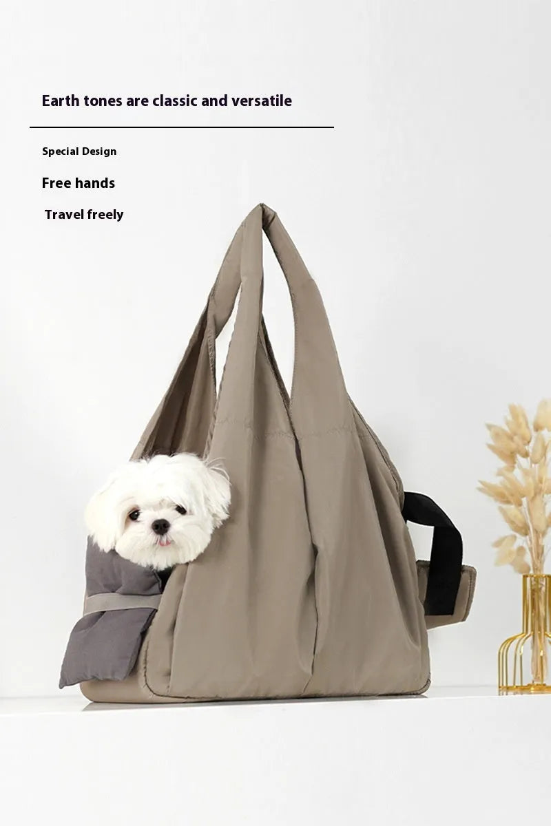 Apricot-coloured cloth pet handbag carrier for cats and small dogs, shown with dimensions 41cm long.