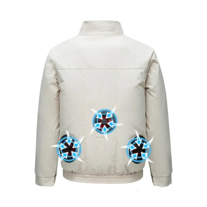 Men's black smart air conditioning work jacket with integrated cooling fan and multiple ventilation holes.
