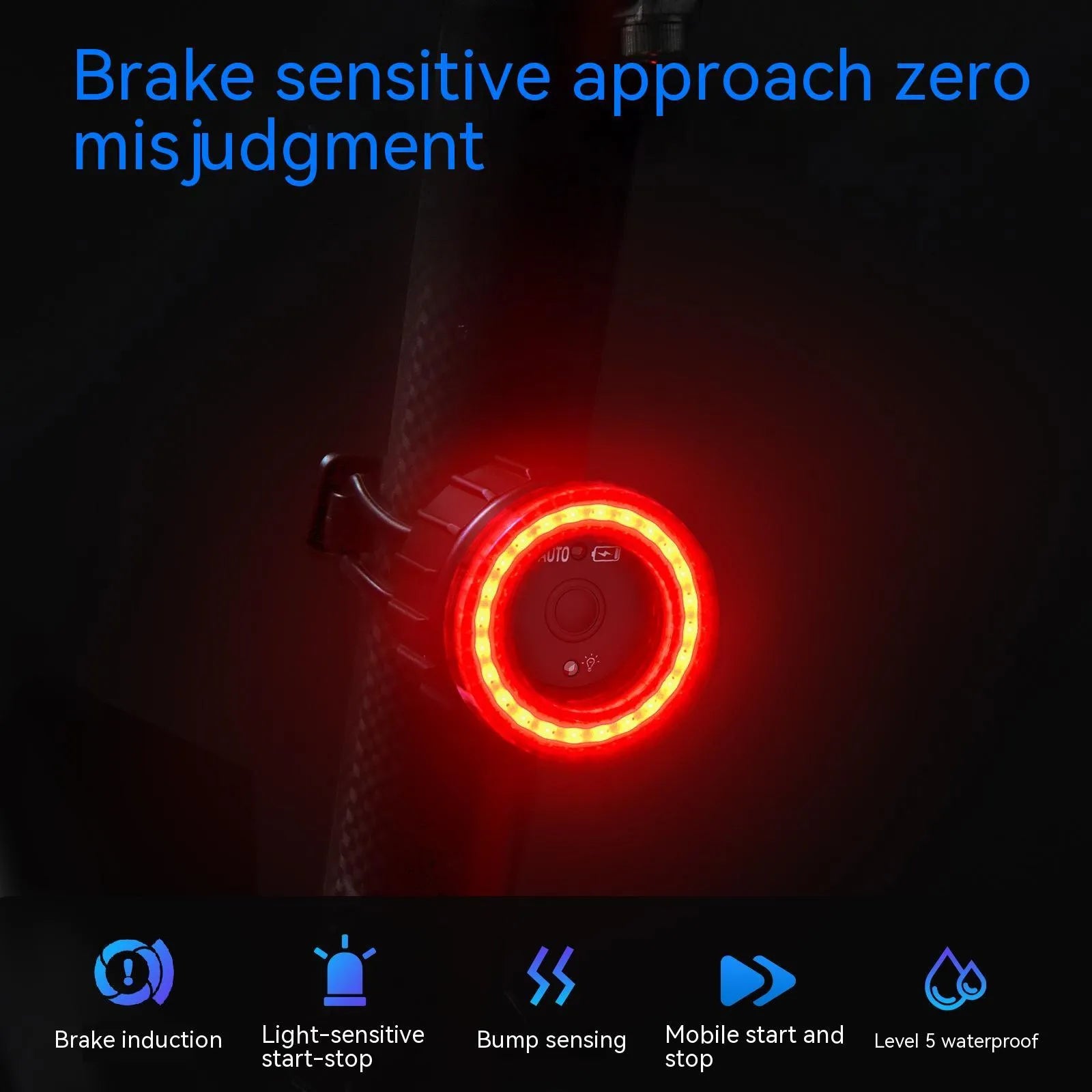 Black intelligent induction brake taillight for bicycles with aluminium alloy housing and seat tube bracket.