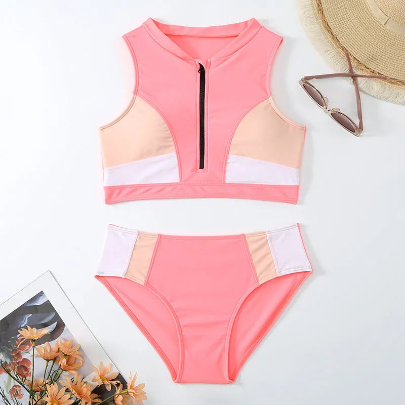 Pink high waist split bikini swimsuit with brief style and sleeveless design