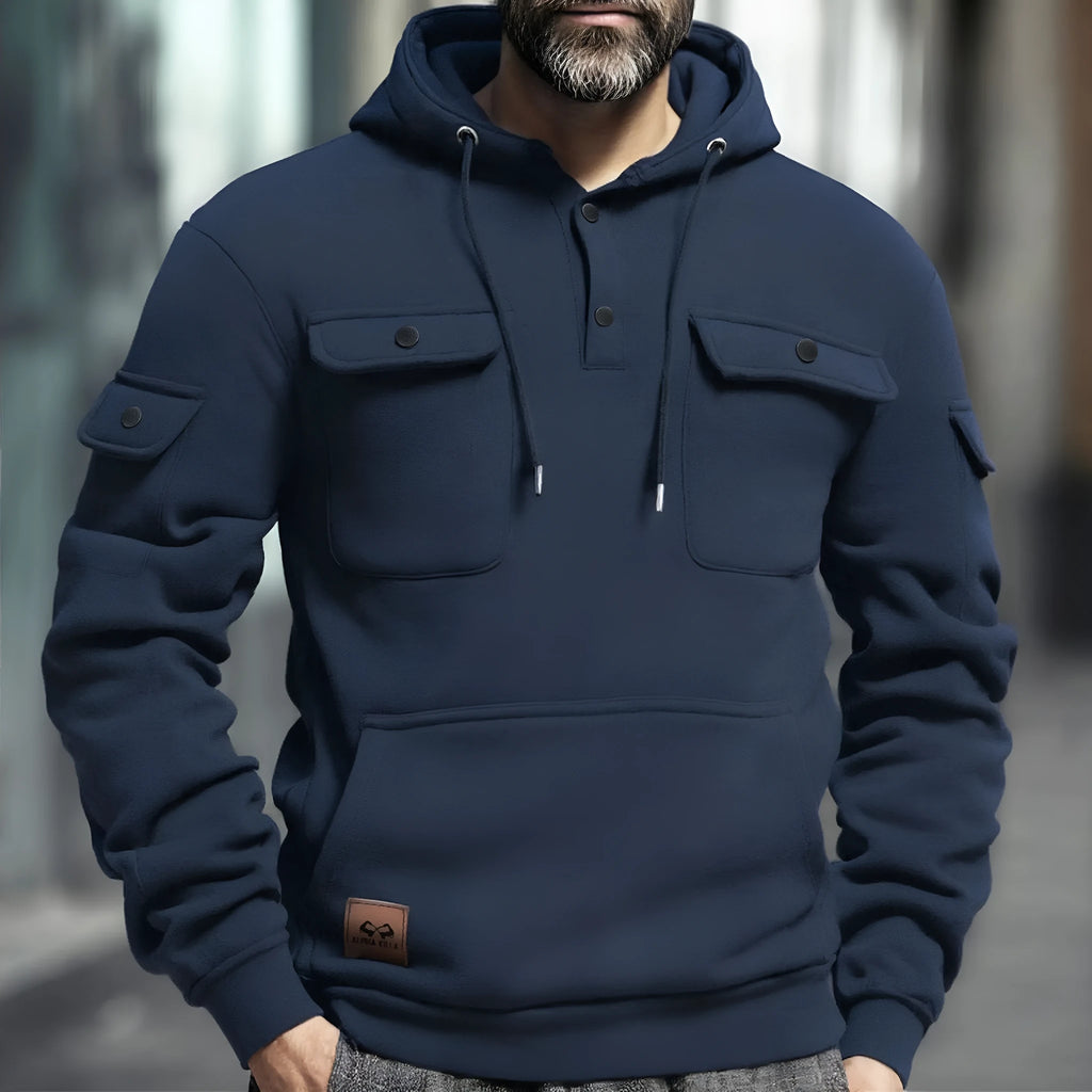 Men's polyester button multi-pocket pullover sweater in solid colour with wool lining, loose fit