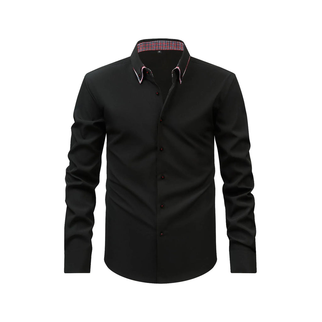 Double collar stitching casual shirt in black showing cardigan style and solid colour design with button front