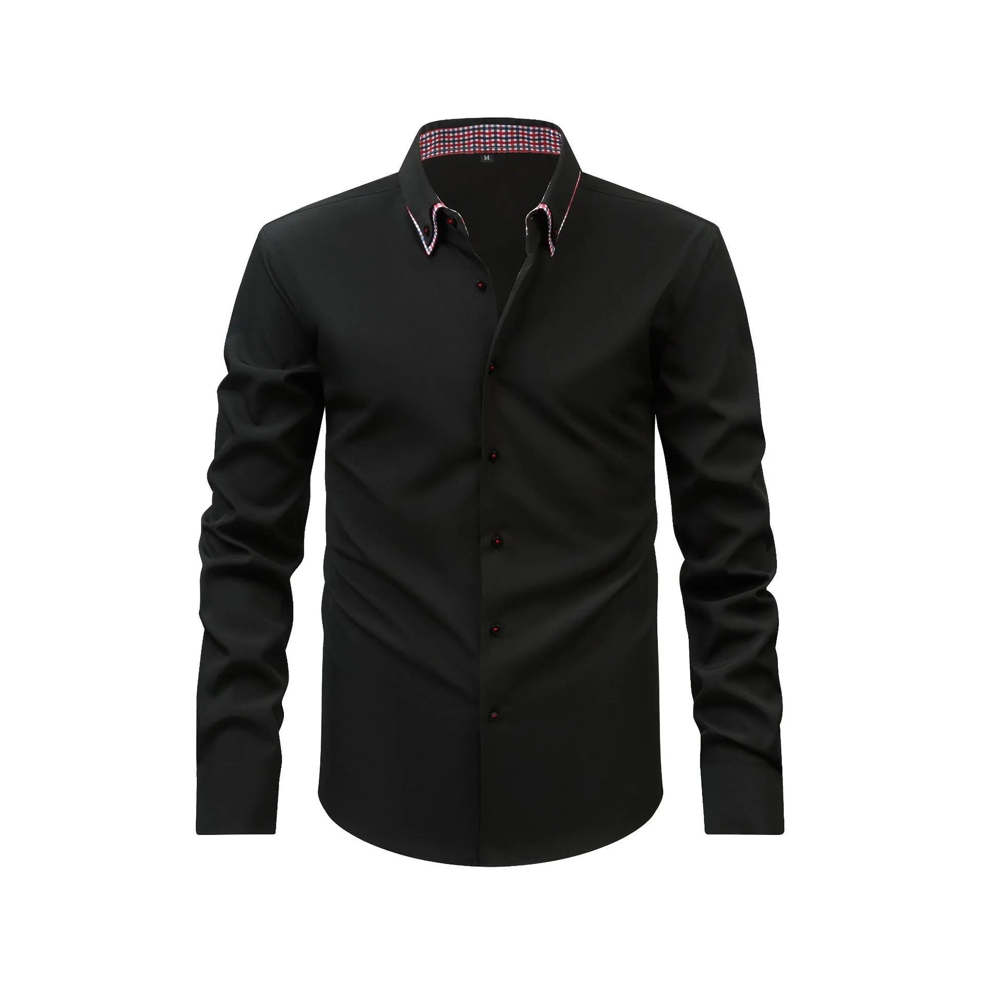 Double collar stitching casual shirt in black showing cardigan style and solid colour design with button front