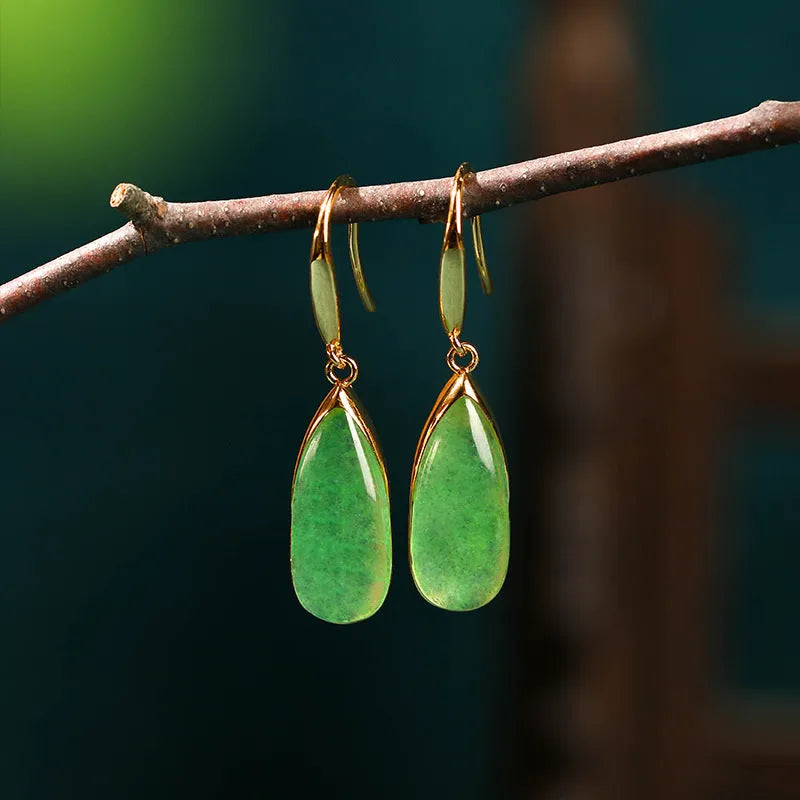 Retro Chinese-style geometric copper earrings with electroplated CP798-jade colour and water droplet elements
