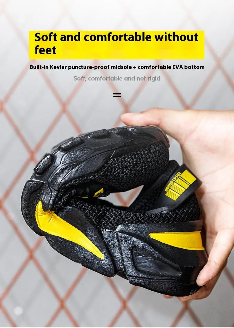 Men's black steel toe work shoes with breathable flyknit upper and low top design