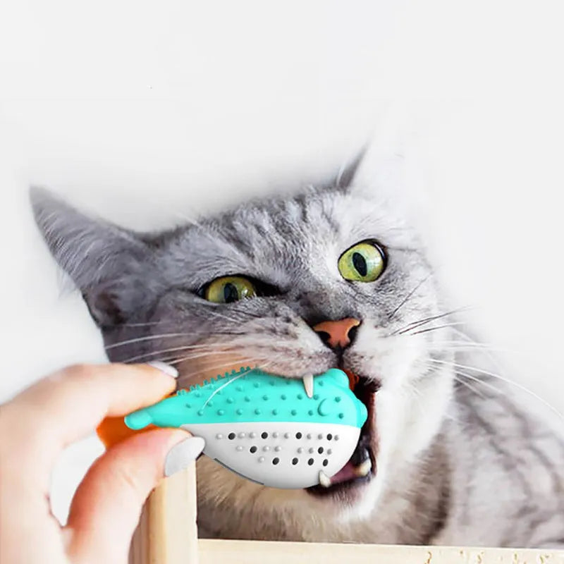 Mint Toys blue silicone fish-shaped cat chew toy with catnip on a white background