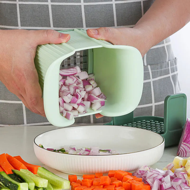 Green manual vegetable chopper with stainless steel blades and TPR handle for slicing onions potatoes cucumbers